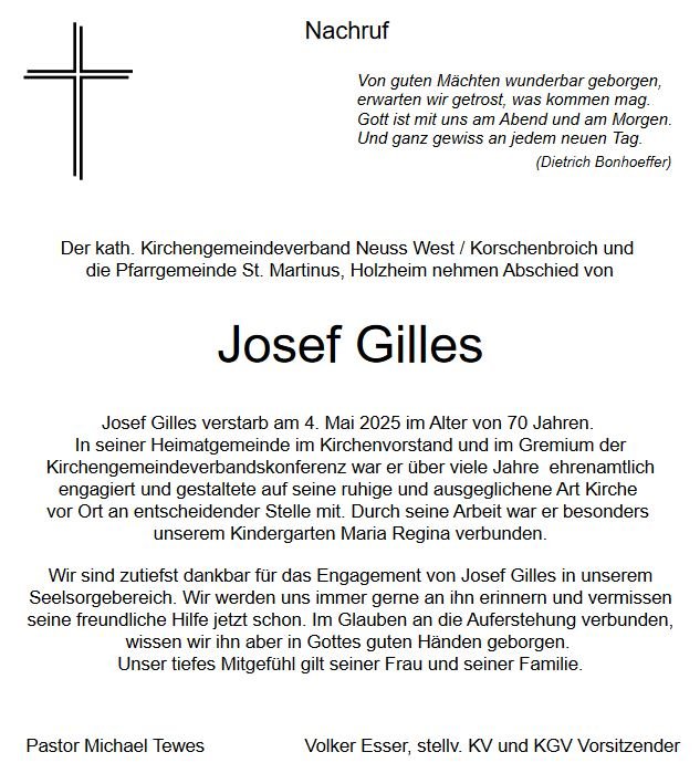 Nachruf Gilles (c) KGV Neuss-West/Korschenbroich
